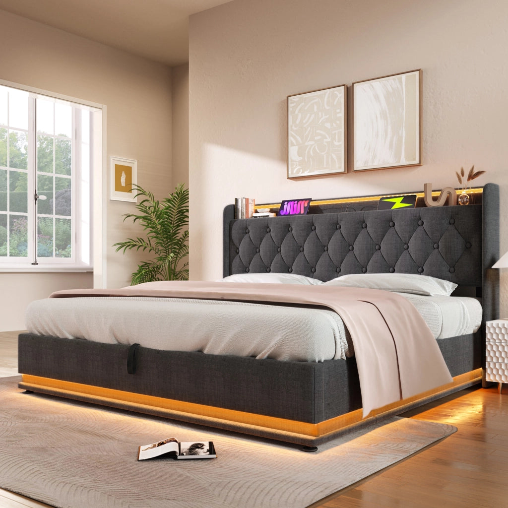 Letti contenitori 140x200 cm con LED e vano contenitore; lino grigio; (Senza materasso)