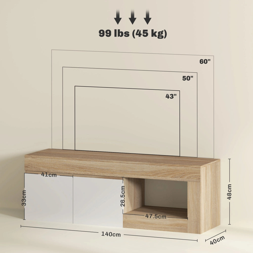 Mobile TV Moderno 60" max con Armadietto 2 Ante e Ripiano Aperto-Credenza  per TV,140x40x48 cm,Bianco e color Legno
