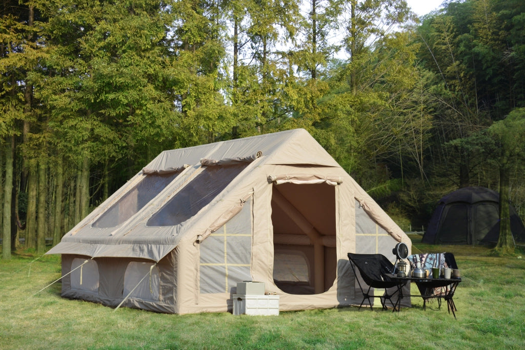 Gazebo da giardino gonfiabile con telaio a trave, finestre a zanzariera, per campeggio familiare, in poliestere beige