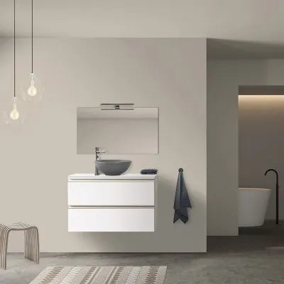 Mobile bagno sospeso 100 cm bianco opaco con top e specchio tondo Master