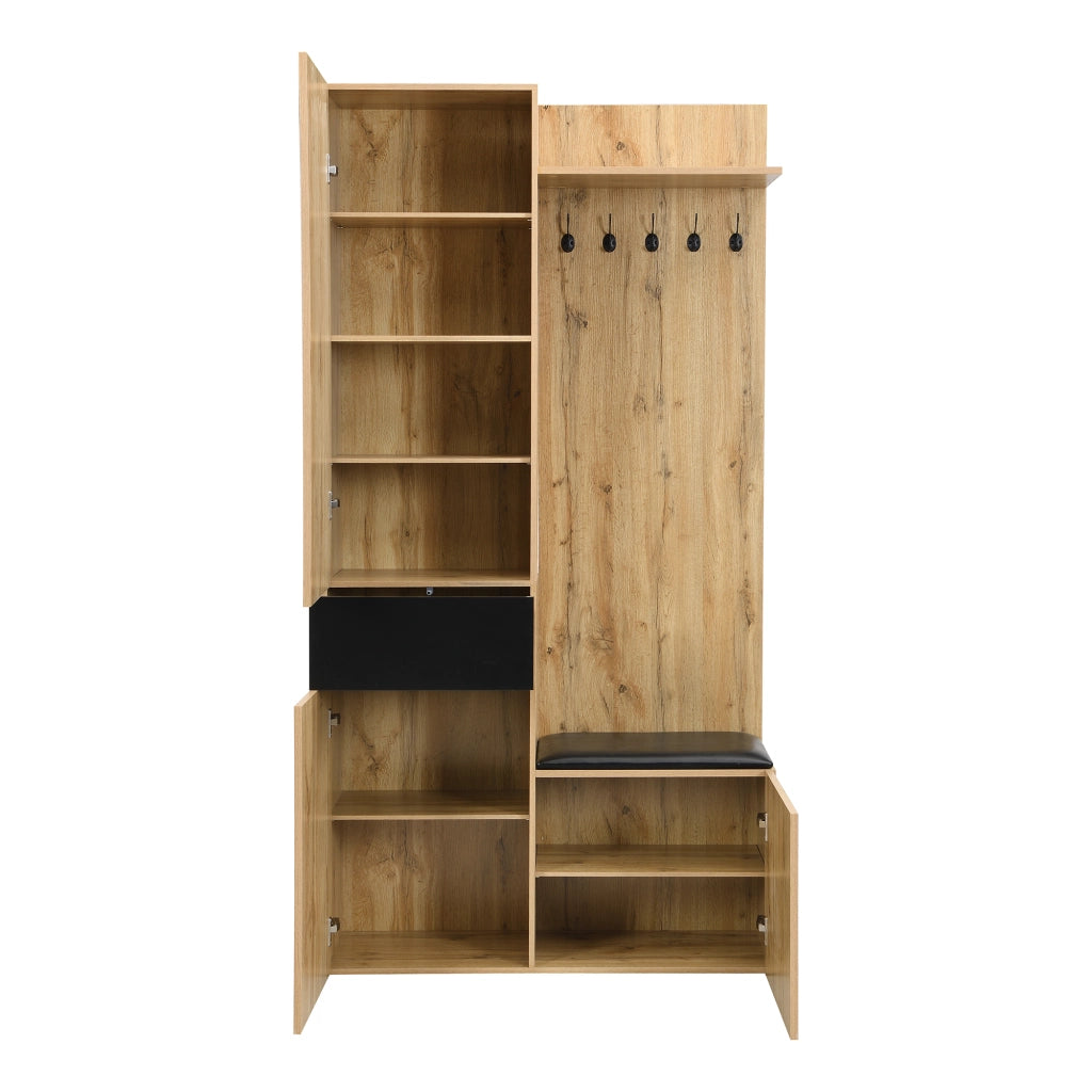 Set di mobili da ingresso con 5 ganci, specchio, panca portascarpe, vani contenitori e ripiani, in MDF nero e naturale
