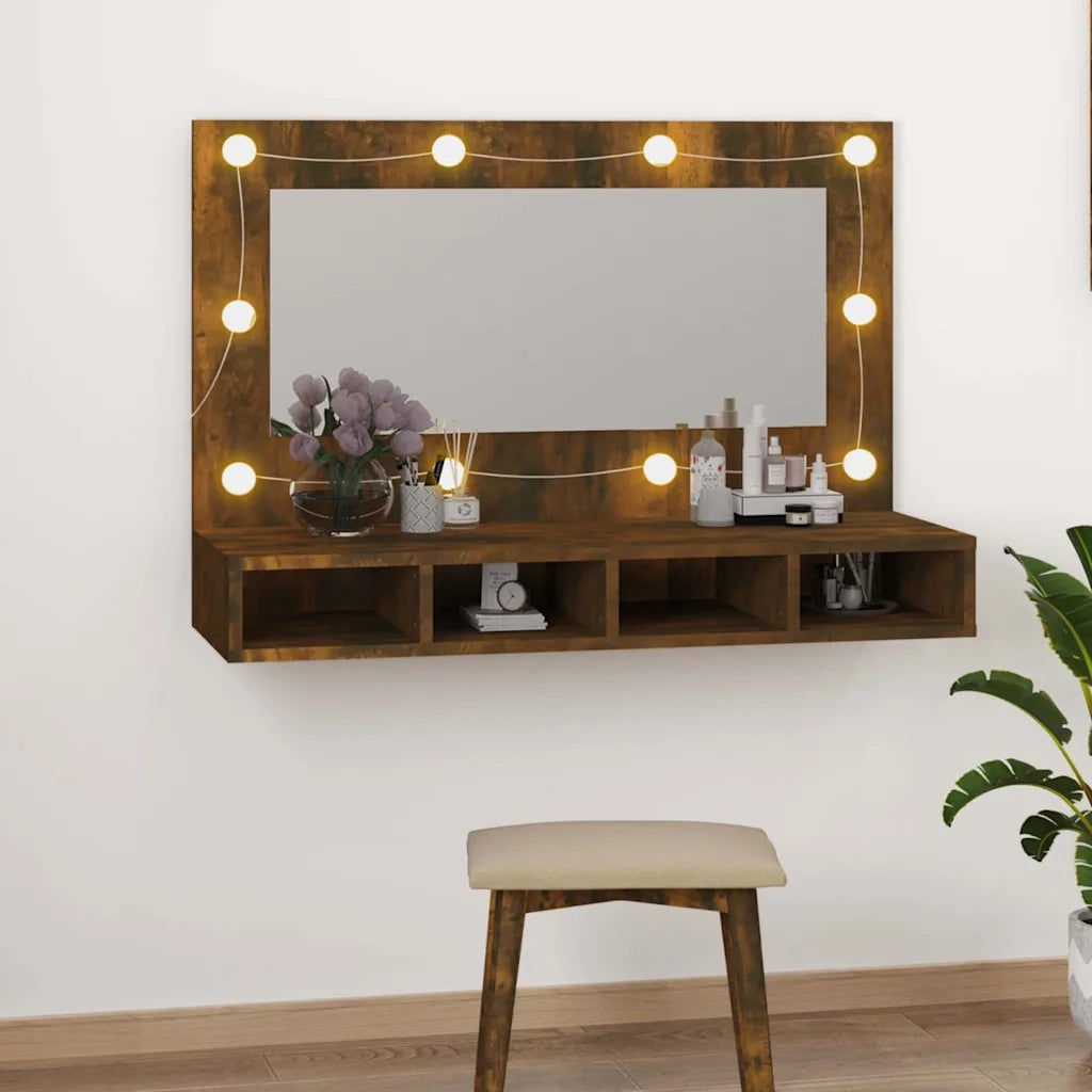 Mobile a Specchio con LED-Armadietto a Specchio Rovere Fumo 90x31,5x62 cm
