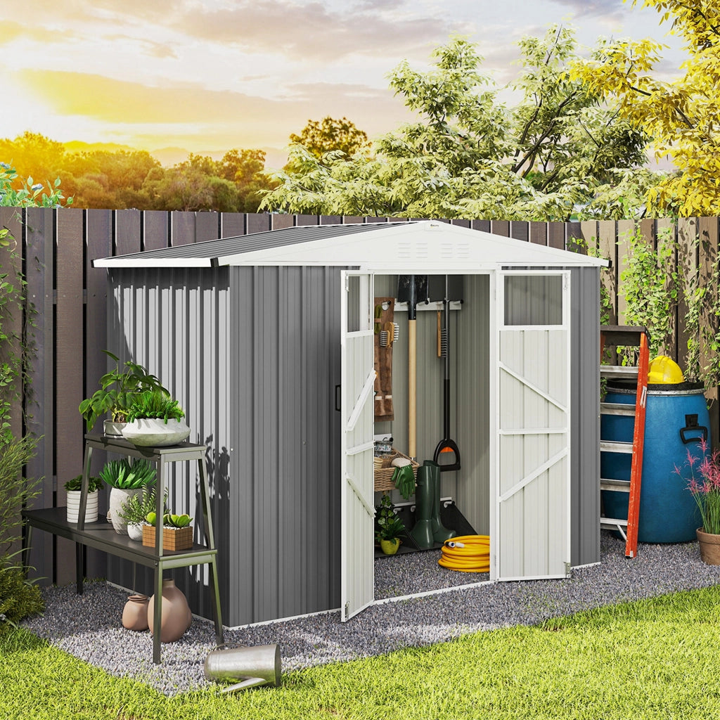 Capanno da Giardino 246x117x180 cm Porta Attrezzi con 2 Porte in Acciaio Zincato Grigio Chiaro