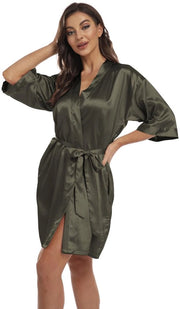 Kimono da notte con cintura e tasche per donna, V-neck, corta, 3/4 manica, estivo, verde, per la sposa o la damigella d'onore
