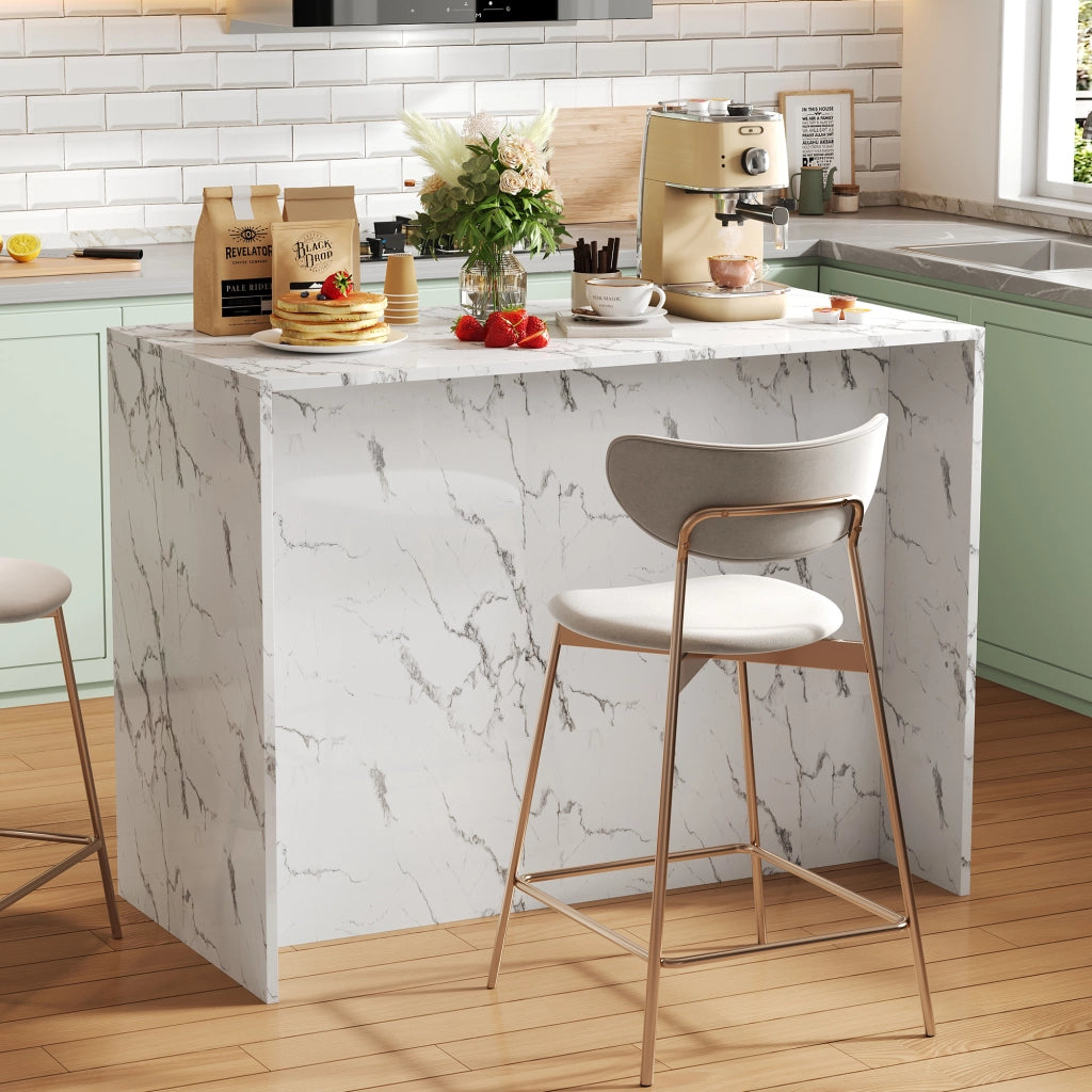 Isola da Cucina Fissa 120x60x90,5 cm Bianca Effetto Marmo con 3 Cassetti, 3 Ante e Zona Bar