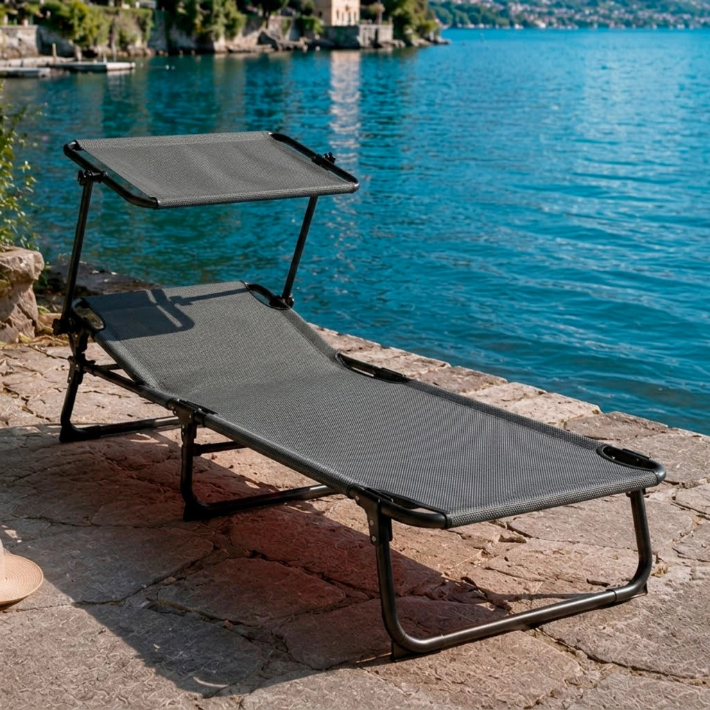 Lettino Prendisole Pieghevole Con Tettuccio Parasole Schienale Reclinabile Regolabile Telaio In Metallo Nero 187 x 53 x 24 Cm Grigio Scuro