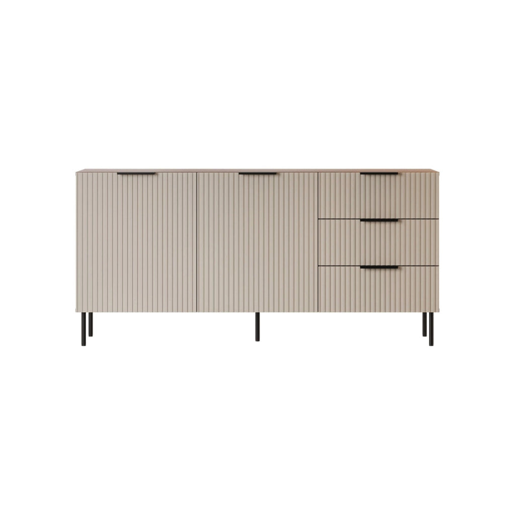 Credenza Monzuno, Madia da salotto con due ante battenti e tre cassetti, Rialzato da terra, 156x42 h75 cm, Noce e Beige