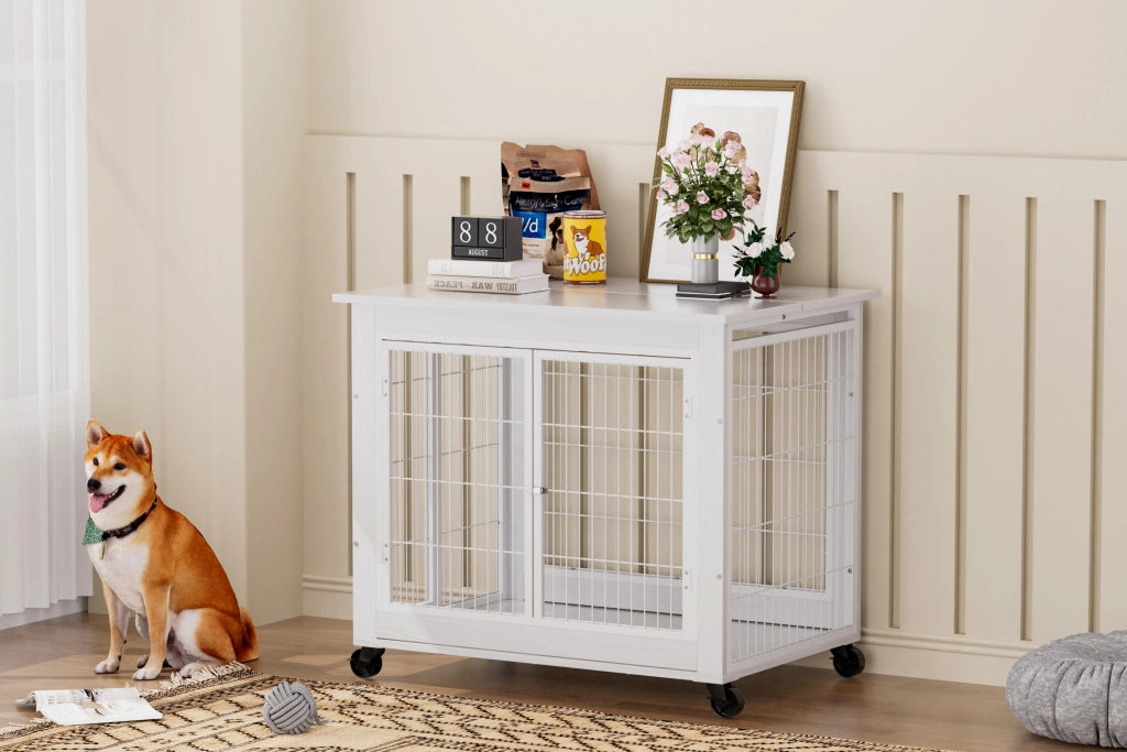 Cuccia per animali in stile mobile con doppia porta, apertura superiore e ruote, bianca, 80×56×69,5 cm