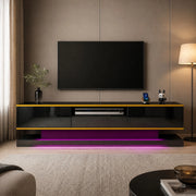 Mobile TV moderno da 180 cm con 3 cassetti; finitura lucida; LED multicolore; nero e oro