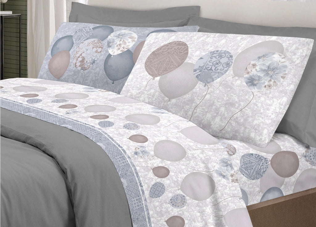 Completo Lenzuola Letto Pensieri Delicati 100% Cotone Dis. Palloncini - Matrimoniale - Grigio