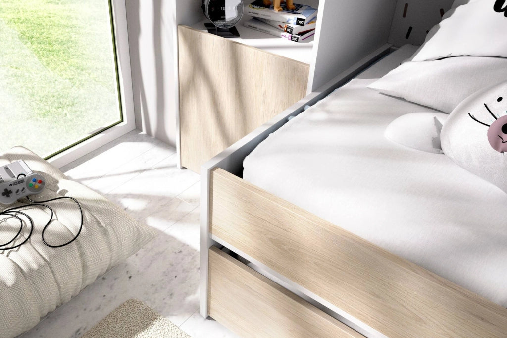 Letto per bambini Giustizia, Cameretta completa con armadio a ponte e cassettone, Composizione con letto e lettino singolo estraibile, 303x97h203 cm, Rovere e Bianco