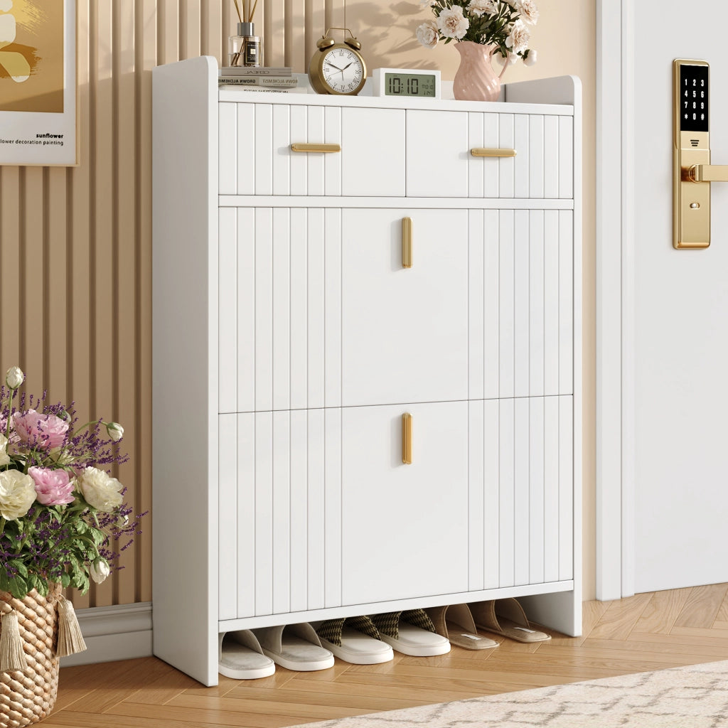 Scarpiera con 2 ante a ribalta, 1 cassetto e vano aperto, per ingresso, in truciolare, bianco, 75 × 24 × 108,5 cm