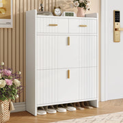 Scarpiera con 2 ante a ribalta, 1 cassetto e vano aperto, per ingresso, in truciolare, bianco, 75 × 24 × 108,5 cm