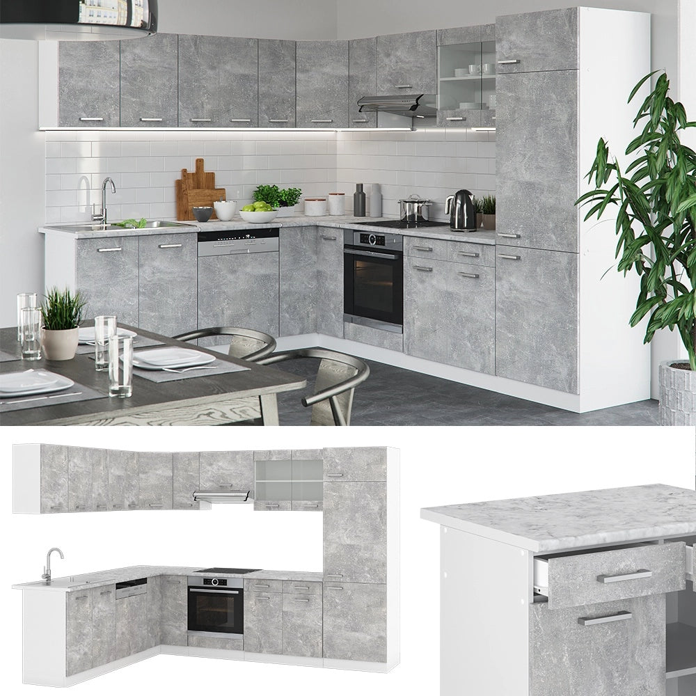 Cucina angolare completa R-Line Calcestruzzo/Bianco 287 x 227 cm senza piano di lavoro Vicco