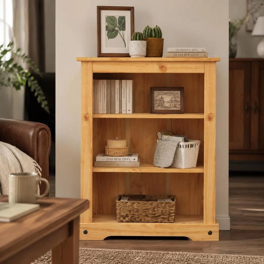 Bookcase With 3 Compartments, Mexican Style, Pine Wood, 80x29x100 Cm