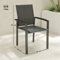 Set 2 Sedie da Giardino Impilabili con Seduta Traspirante, in Alluminio e Textilene, 56x58x89 cm, Grigio Carbone