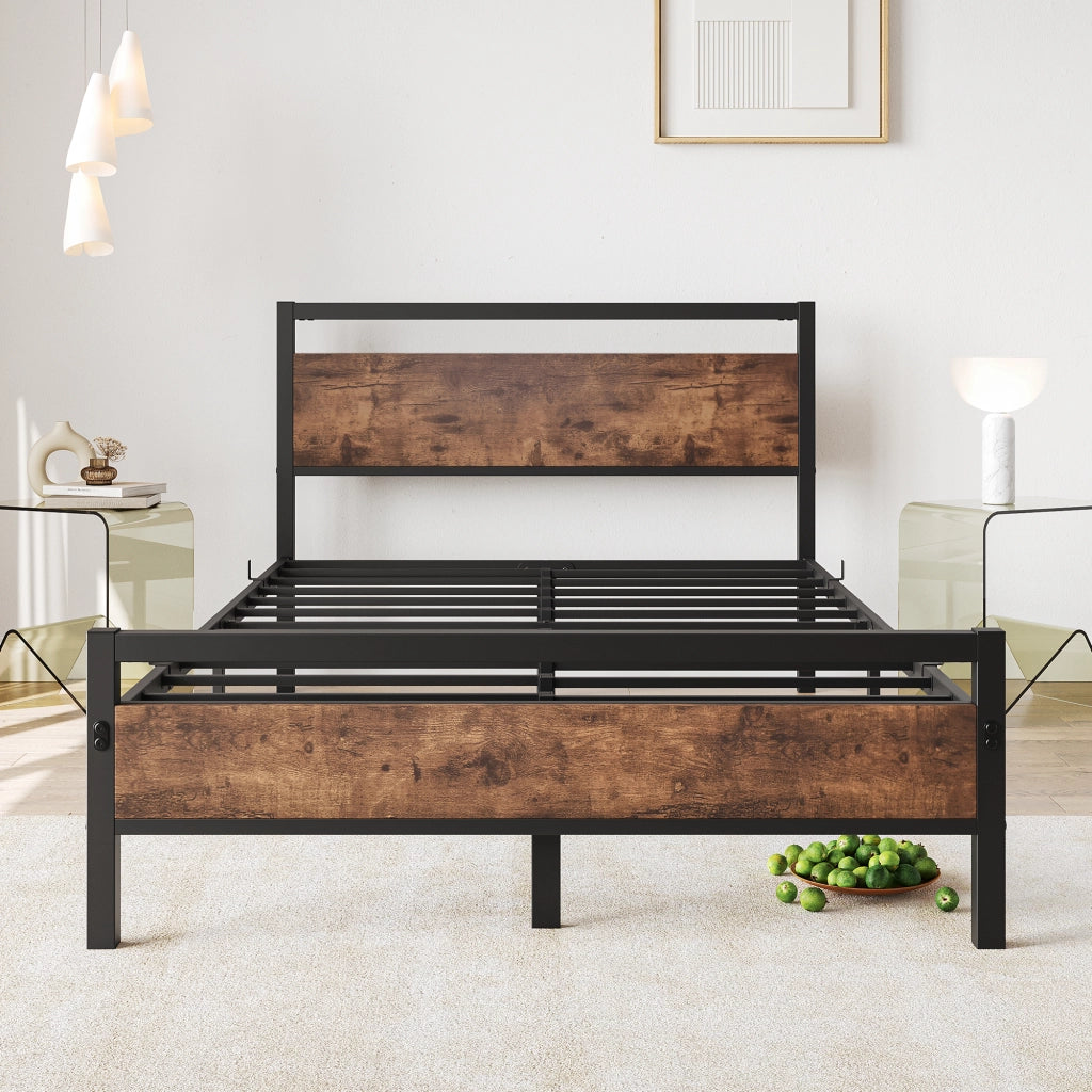 LETTO 140x200 cm in MDF e metallo marrone antico con rete a doghe e spazio sottoletto