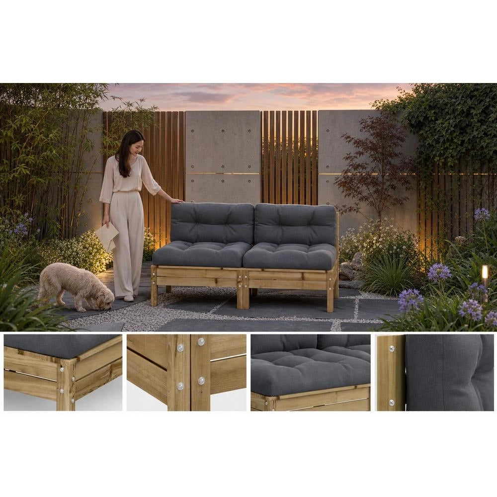 Garden Sofa Without Armrests, With 2 Cushions, Pine Wood