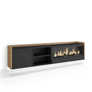 Mobile TV Soggiorno, 212x50x35 cm, Per TV fino a 80", Camino elettrico XXL, Sospeso, da appendere, LED, Nero e rovere