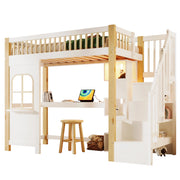 Letto a Soppalco Singolo con LED; Scrivania; Scala Contenitore e Ripiani 90×200 cm; senza Materasso