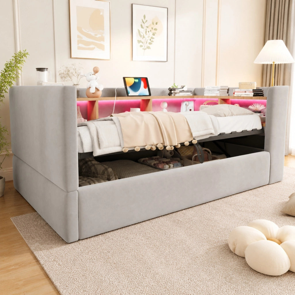 Divano letto imbottito 90x190 cm con contenitore idraulico; LED e prese; grigio chiaro
