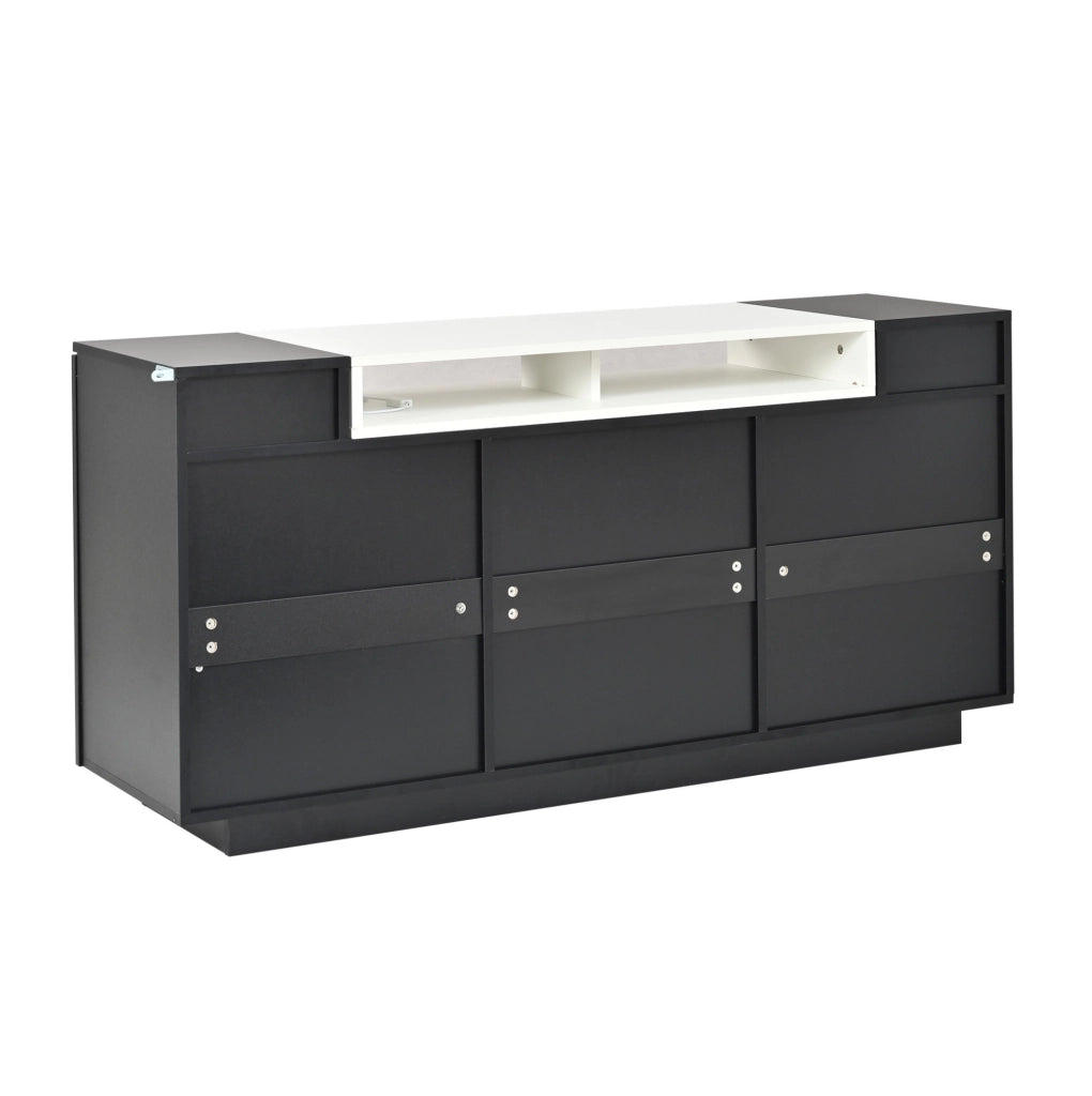 Credenza ULEVR 140x40x68 cm con 2 ante, 3 cassetti, ripiani semiaperti e LED, nero lucido