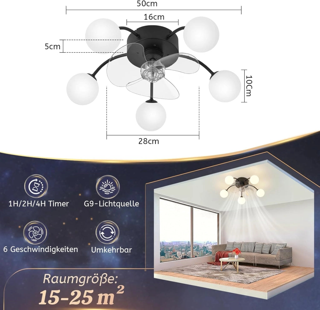 ZMH Ventilatore da Soffitto Silenzioso G9 con Luce Telecomando 6 Velocità per Sala da Pranzo Lampadina Non Inclusa