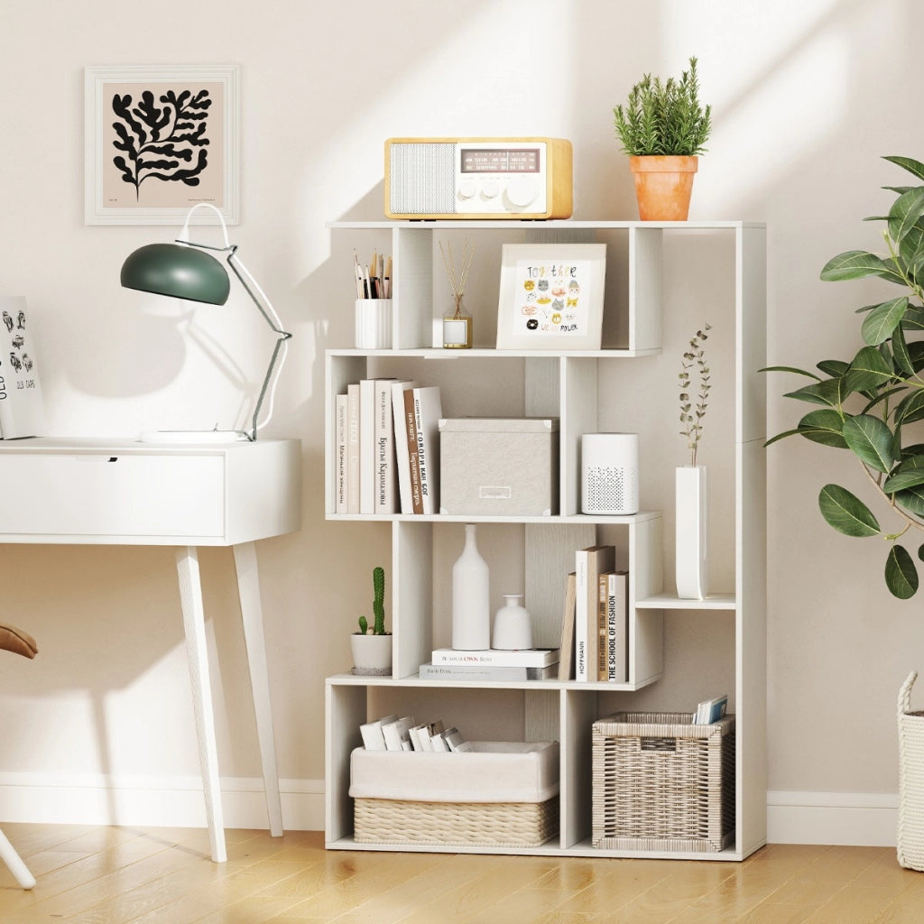 Grande libreria a 6 cubi con kit anti-ribaltamento unit¨¤ di scaffali autoportante, Libreria geometrica aperta Bianco-Scaffali e librerie