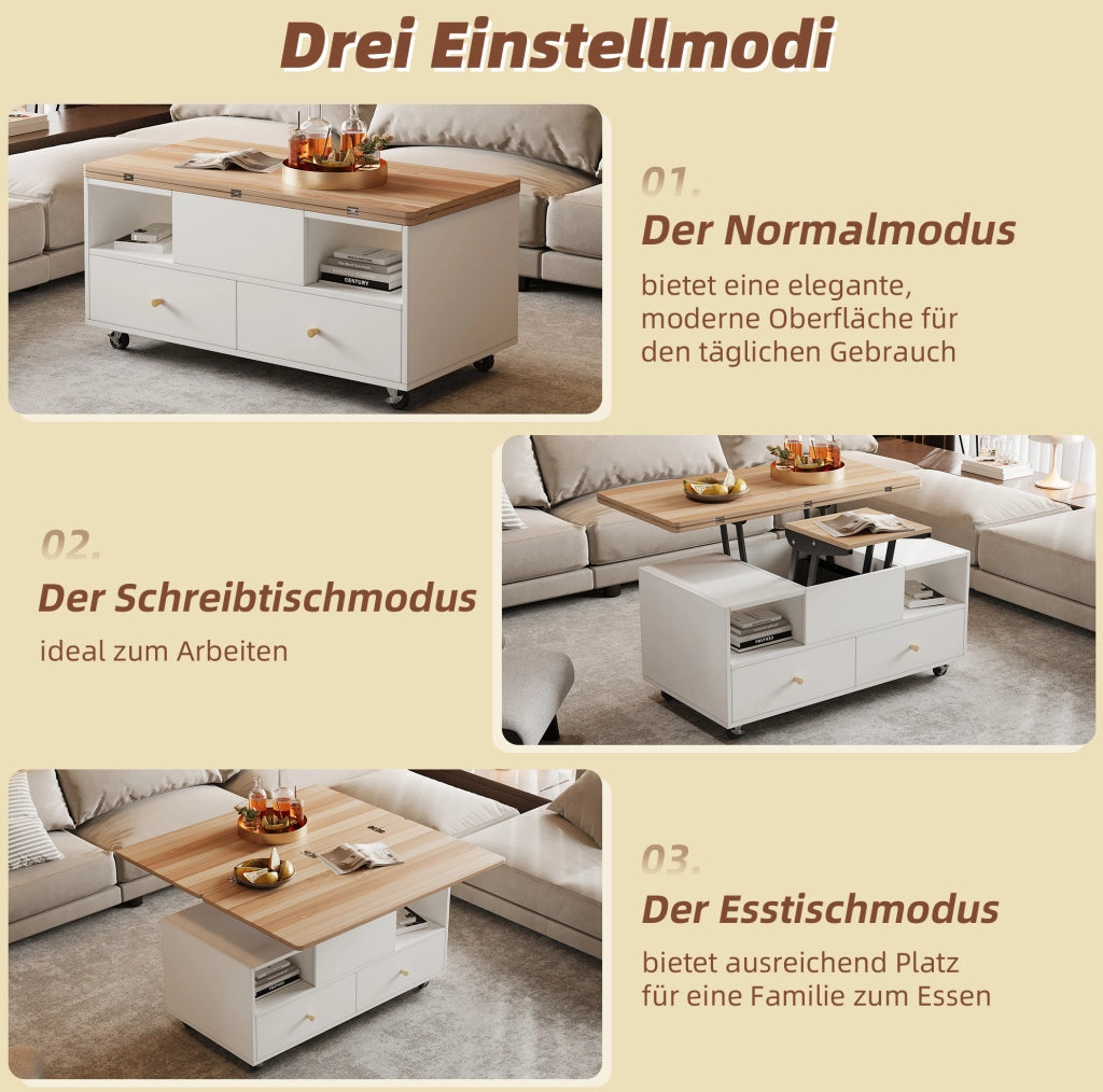 Tavolino da caffè elevabile MDF con 4 cassetti e ruote