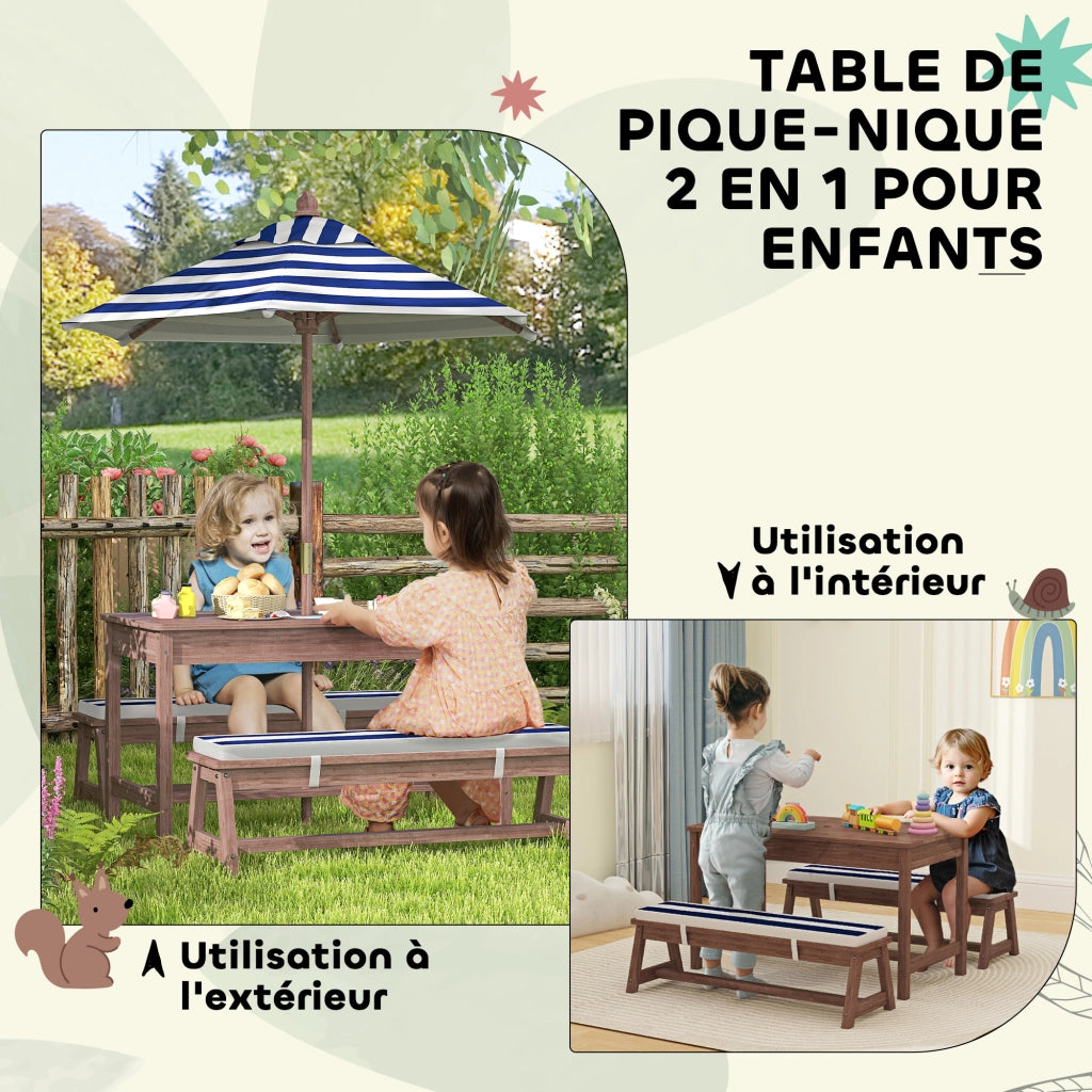 Set Tavolo e Panche da Giardino per Bambini in Legno di Abete con Ombrellone 120 cm e Cuscini a Righe Bianco e Blu Navy Robusto