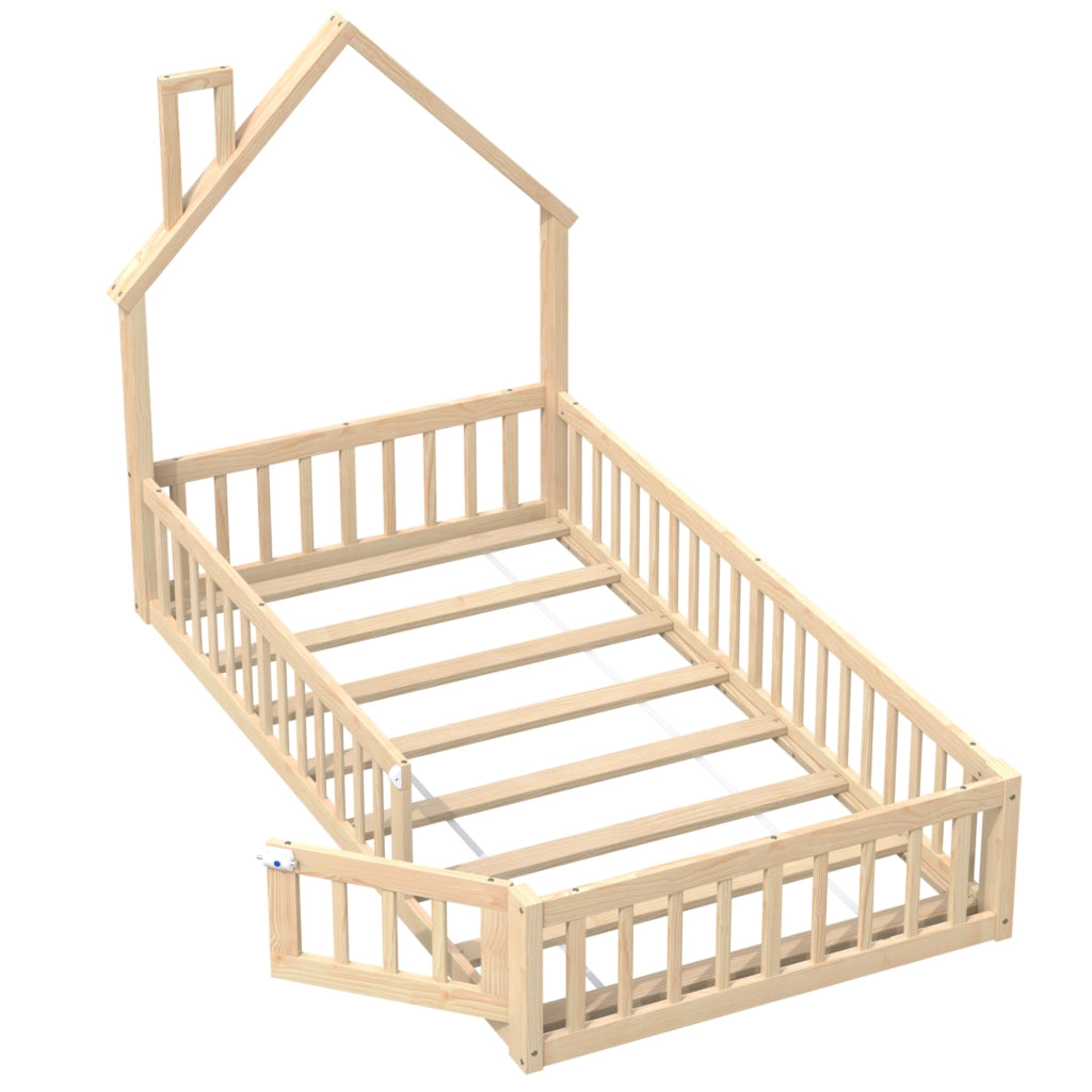 Letto casetta 90×200 cm; letto singolo con sponda di sicurezza; senza materasso; in pino e MDF; naturale