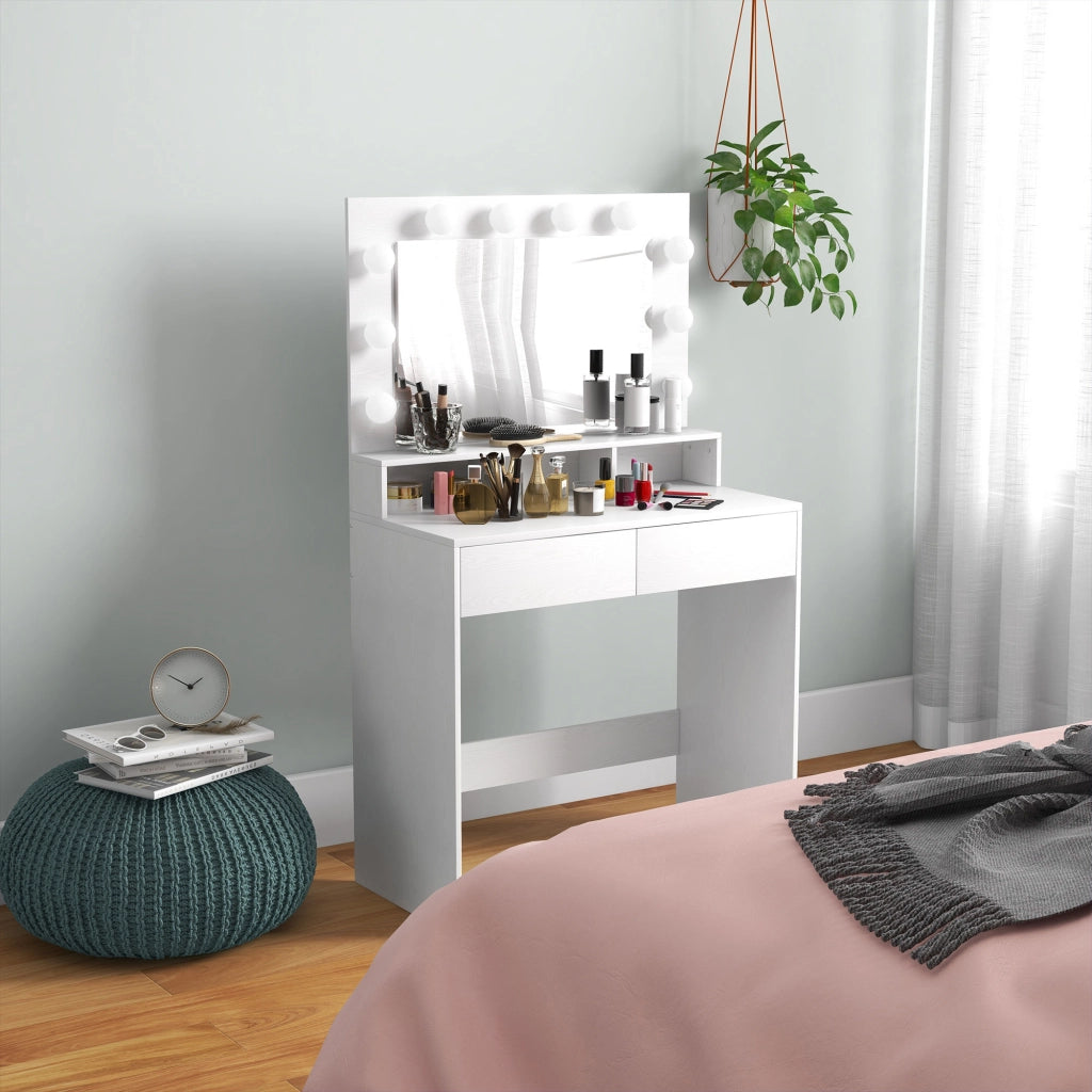 Tavolo da Trucco con Specchio e Luci LED, Cassetti ¨C zephmum ¨C Bianco, 80x40x135 cm