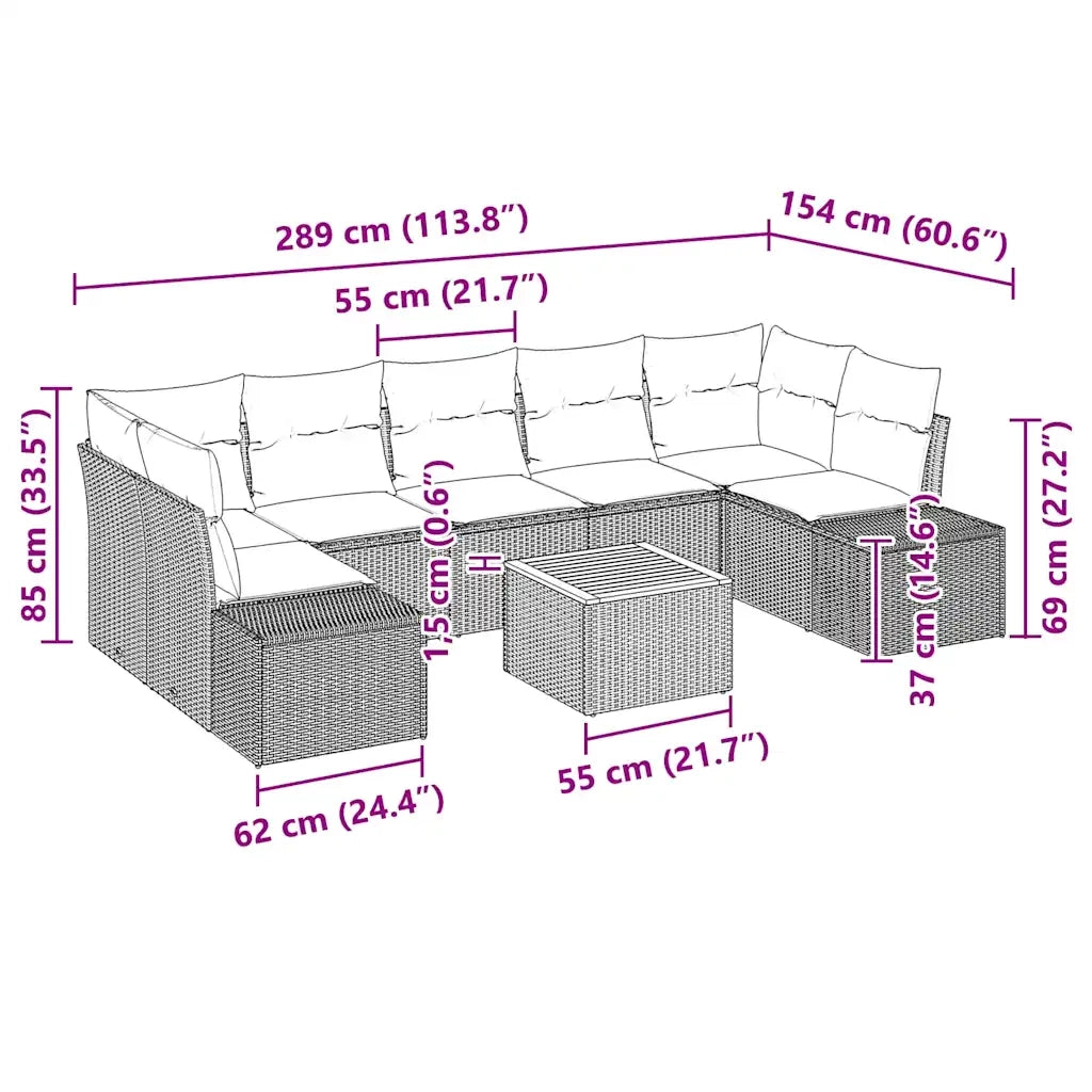 Set Divano da Giardino con cuscino 8 pcs Nero polyrattan 3347922