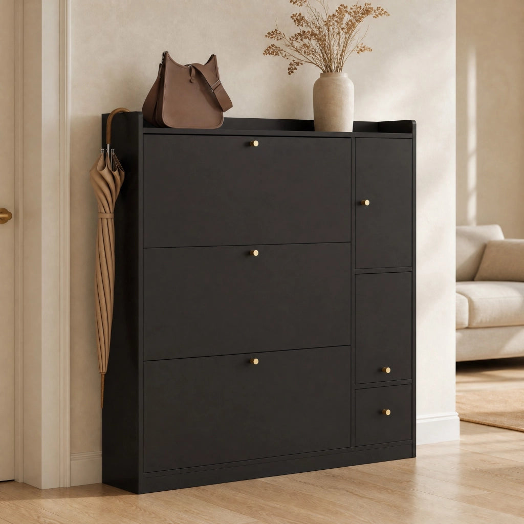 Scarpiera moderna con 3 ante a ribalta, cassetto e panca ribaltabile, colore nero, 119 x 24 x 122 cm