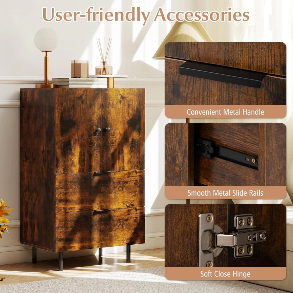 Credenza da cucina, mobile a buffet con 2 cassetti e armadio con ante, armadio con gambe in metallo, per soggiorno, sala da pranzo, corridoio, 60 x 42 x 102 cm (marrone)