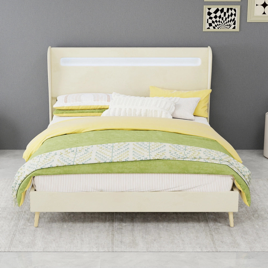 Letto imbottito ULEVR 140x200 cm con testiera regolabile e illuminazione LED a colori, beige