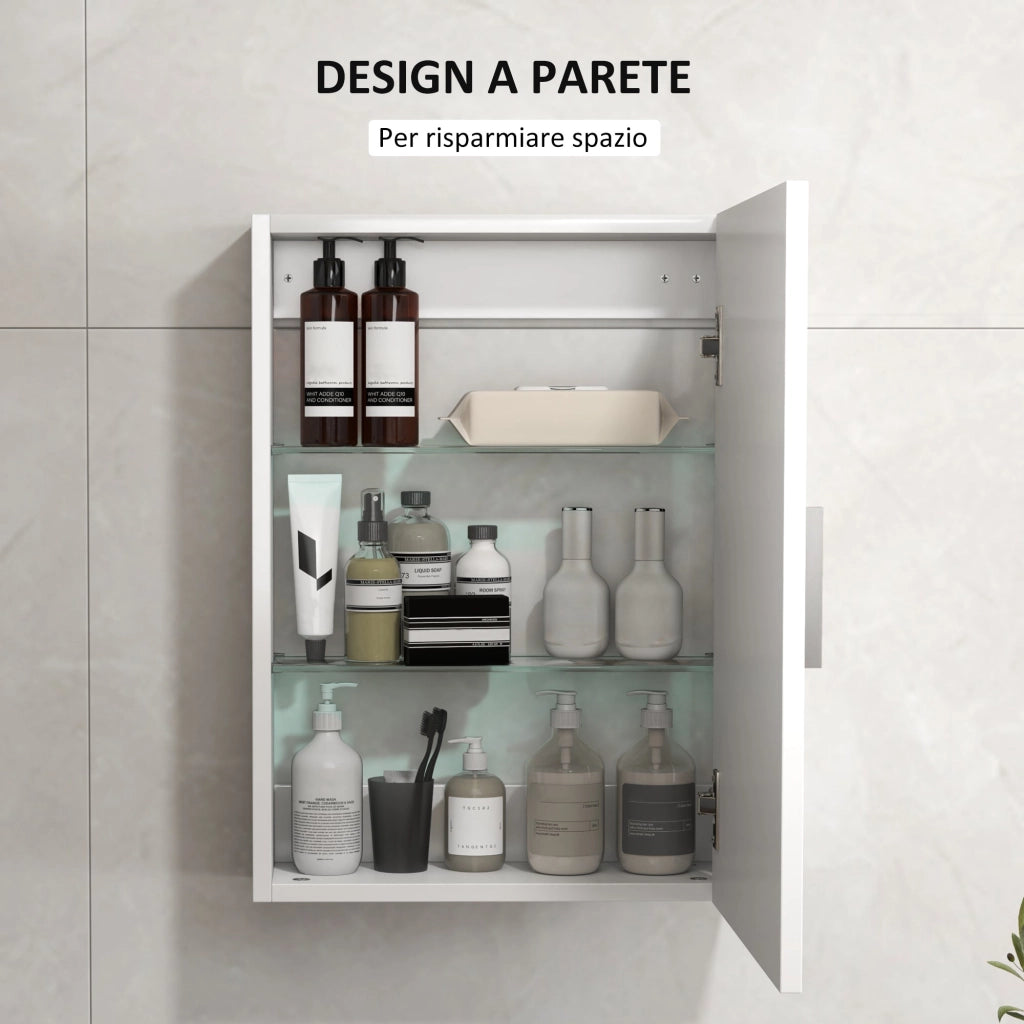 Armadietto Bagno da Parete 40x15x55 cm con 3 Ripiani Regolabili in Vetro in Legno Bianco
