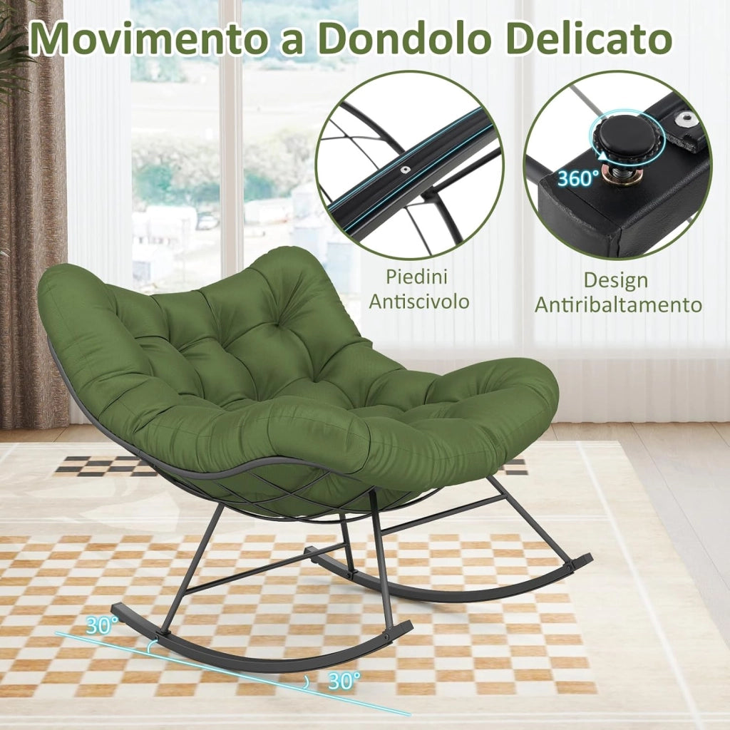 Sedia a Dondolo, Poltrona Relax Ergonomica, Poltrona Sovradimensionato con Cuscino Imbottito, con Struttura Metallica, per Soggiorno Portico Giardino, Portata 205 kg (Verde)