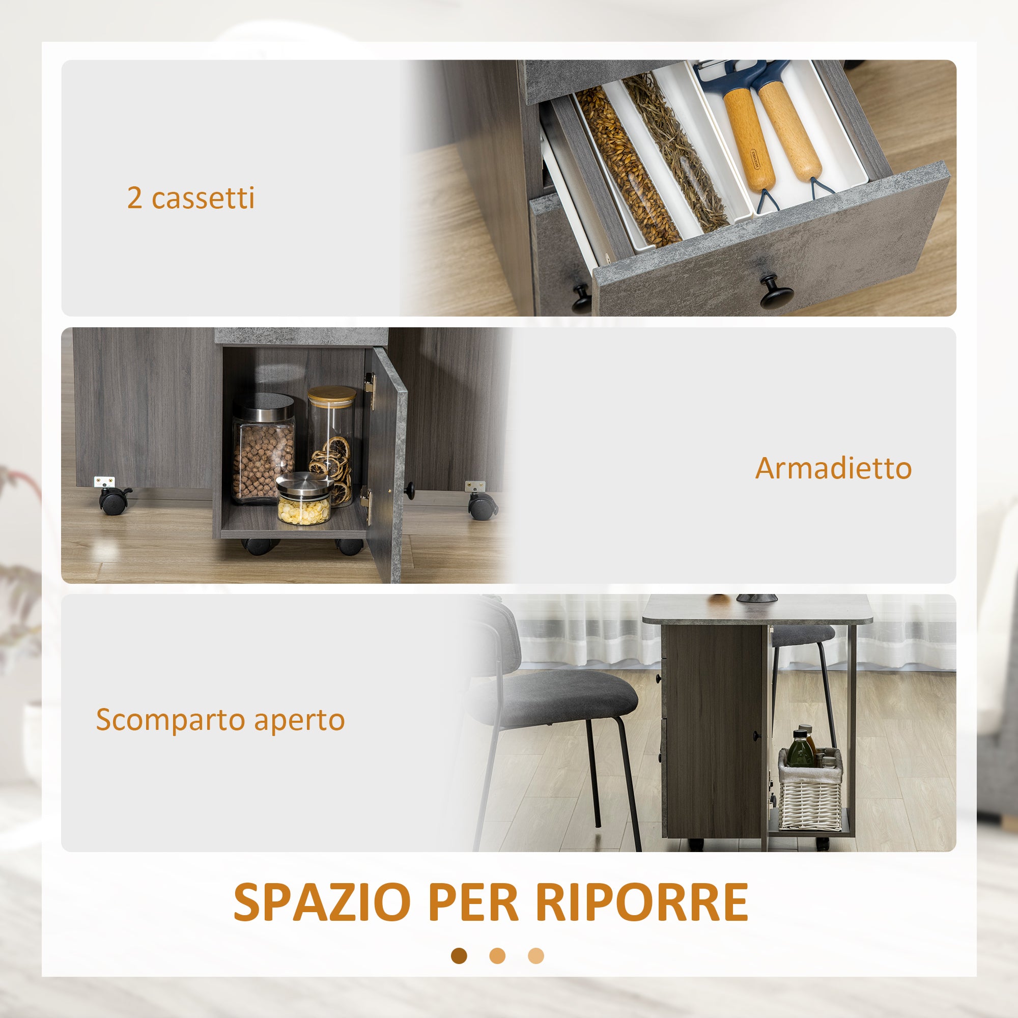 Tavolo Pieghevole a Ribalta 120x60x76.5 cm con 2 Cassetti e Armadietto in Legno Effetto Cemento Grigio