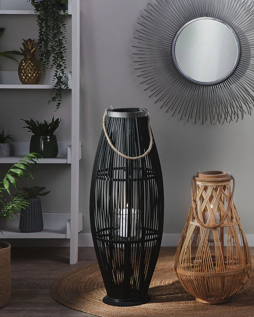Lanterna in bambù naturale intrecciato nero 84 cm decorativo stile moderno