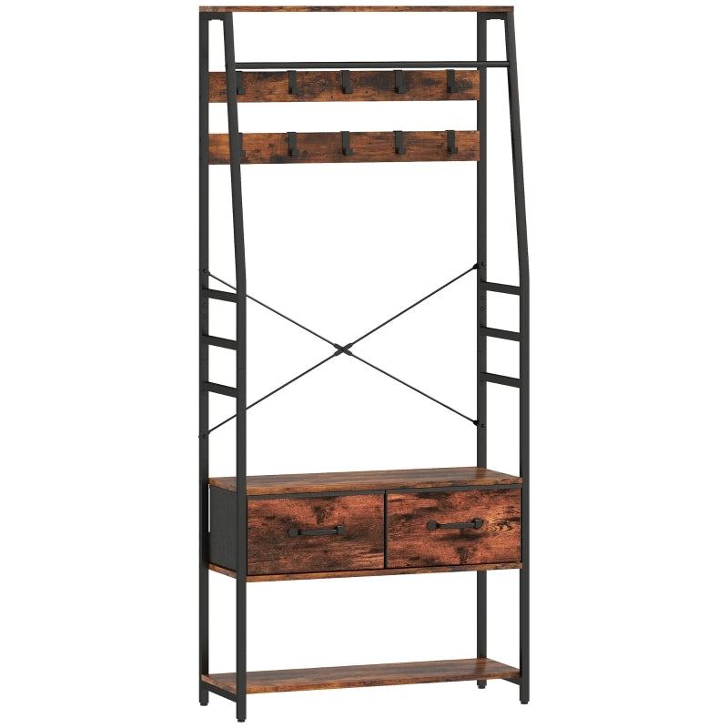 Garderoba da ingresso con panca, scarpiera, 10 ganci e 2 cassetti in tessuto, 80x30x180 cm