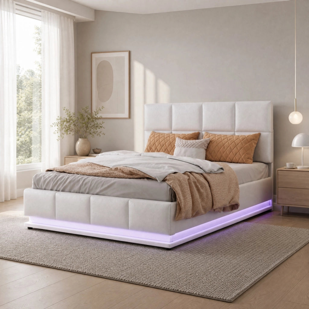 Letto contenitore LED 140x200 cm in similpelle bianco
