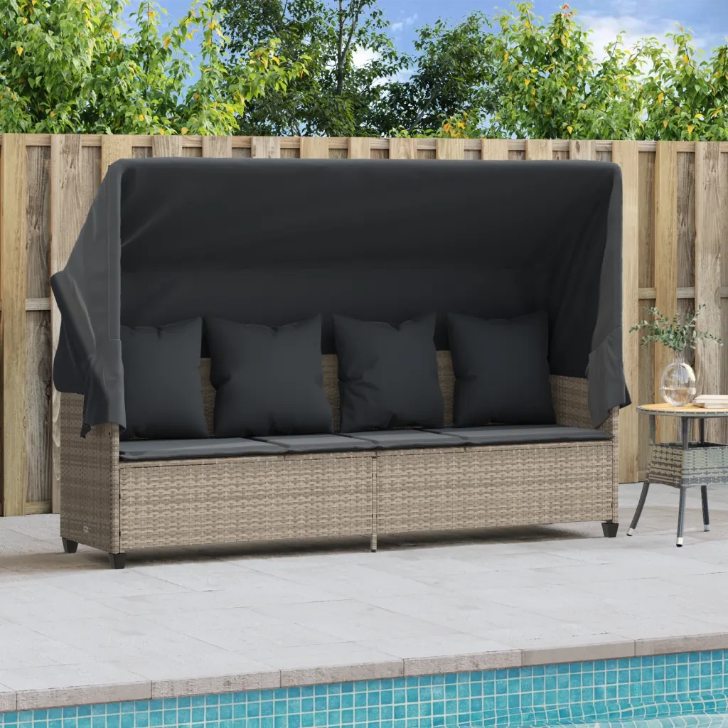 Sdraio da giardino | Lettino con Baldacchino e Cuscini Grigio Chiaro?in Polyrattan