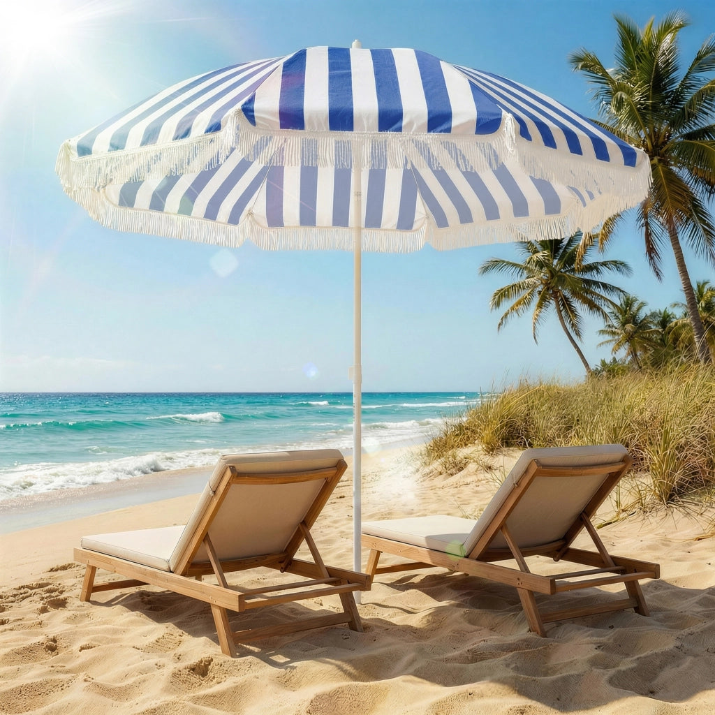 Ombrellone da Giardino con Frangia ¨C Zephmum ¨C Blu e Bianco ?180 cm