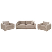 Set divano moderno a 5 posti in velluto con cuscini decorativi e poltrone con gambe in legno tortora stile moderno