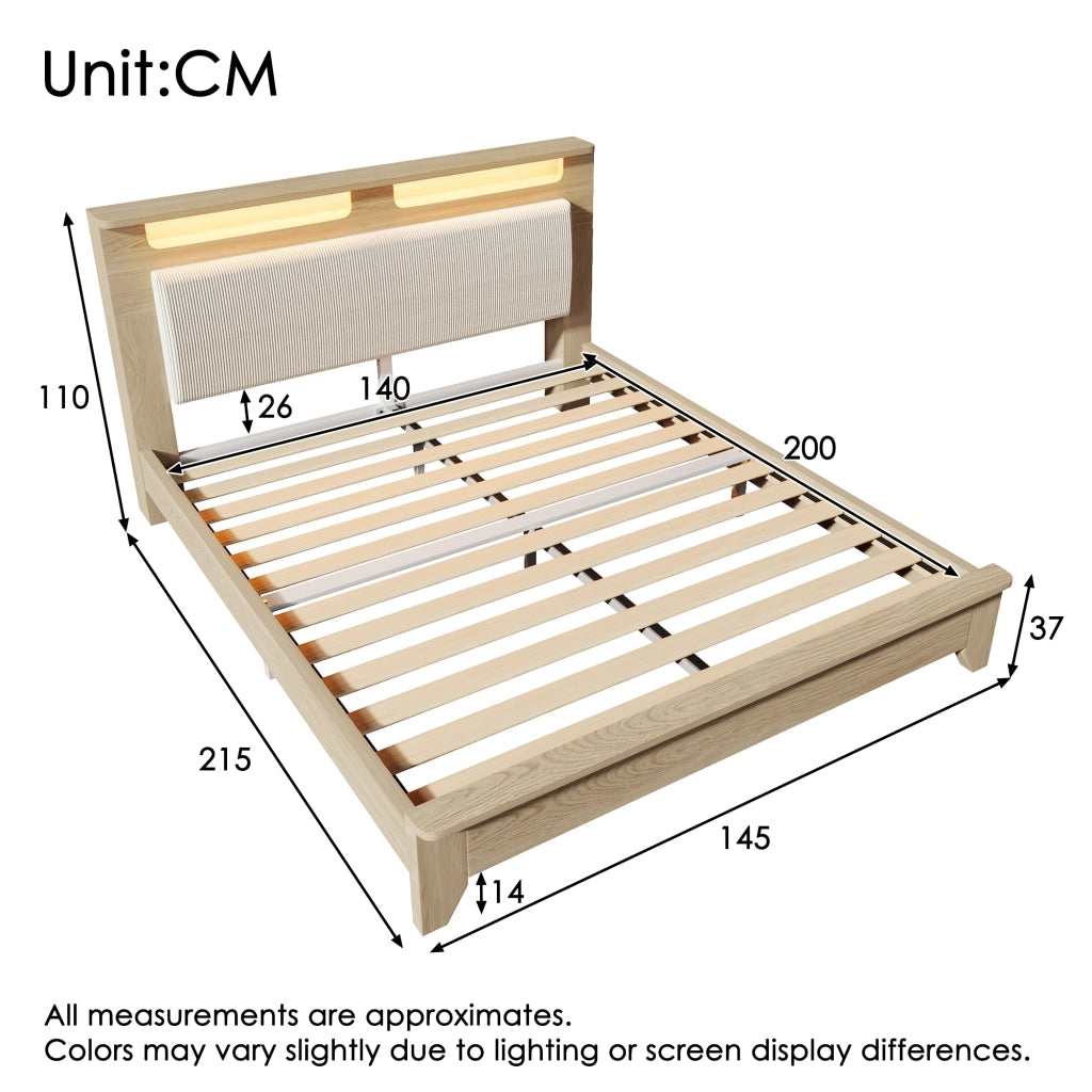 OKWISH Letto Contenitore 140×200 cm, Letto Matrimoniale con Contenitore in Testiera, LED Regolabile e Mensole, senza Materasso, Beige