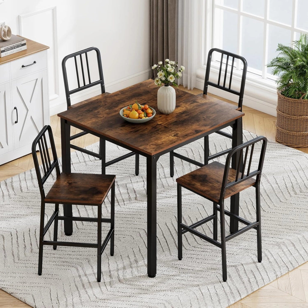 Set da Pranzo per 4 Persone, Set Cucina Bar 5 Pezzi con Superficie in Finto Marmo, Tavolo Quadrato in Legno e 4 Sgabelli Alti per Angolo Colazione e Sala da Pranzo (Caffè)