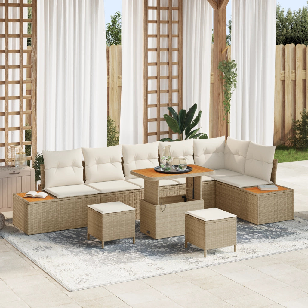 Set Divano Giardino  9 Pezzi con Cuscini Beige Rattan Polipropilene Acacia