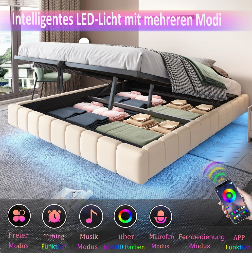 Letto matrimoniale imbottito sospeso 160x200 cm con LED beige