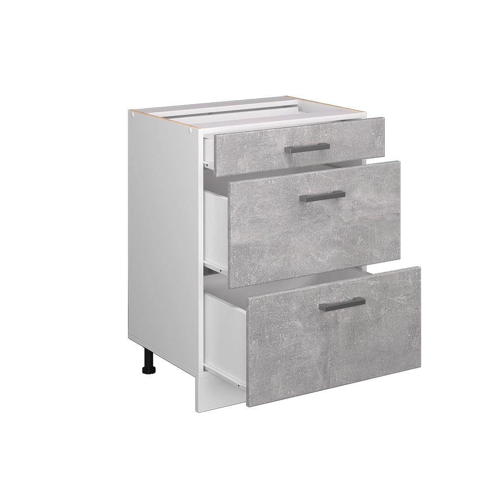 Mobiletto base per cucina R-Line Calcestruzzo/Bianco 60 cm con cassetti, senza piano di lavoro Vicco